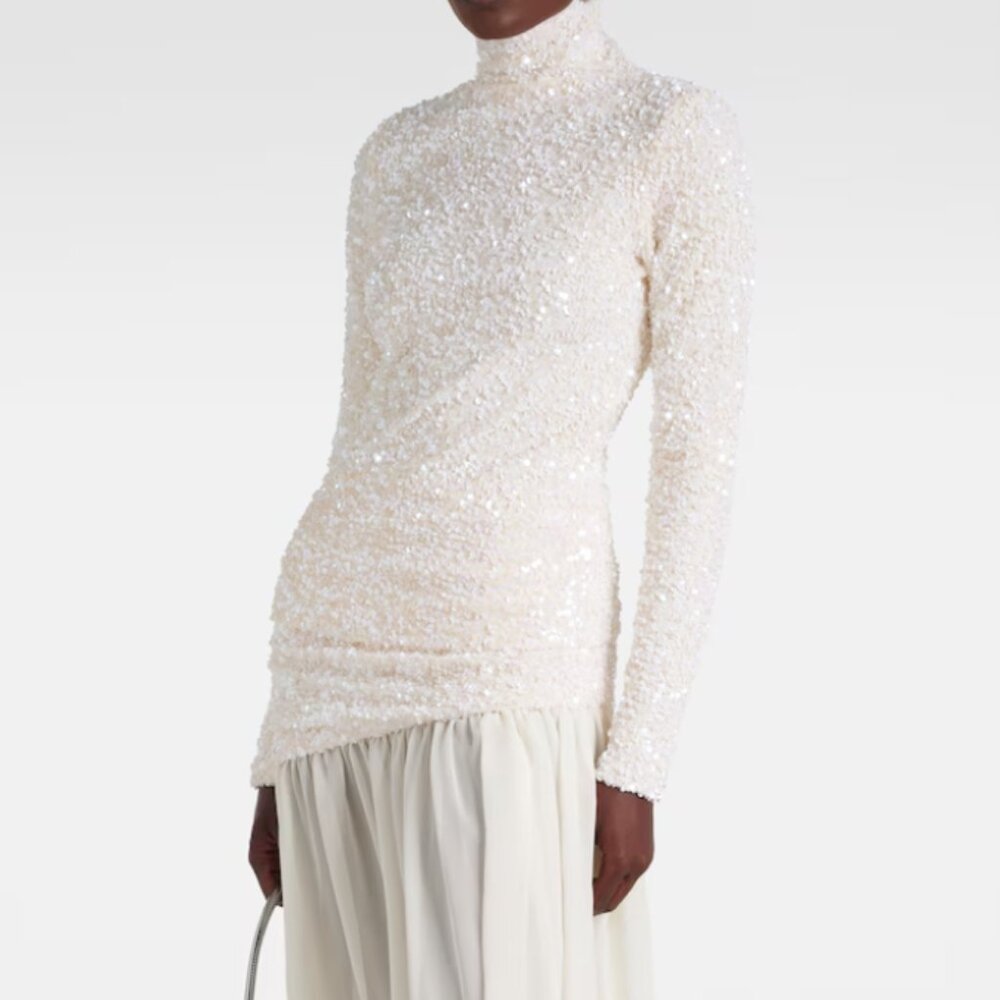 Xu Zhi White Sequined Top and Sequined Layered Maxi Skirt Set